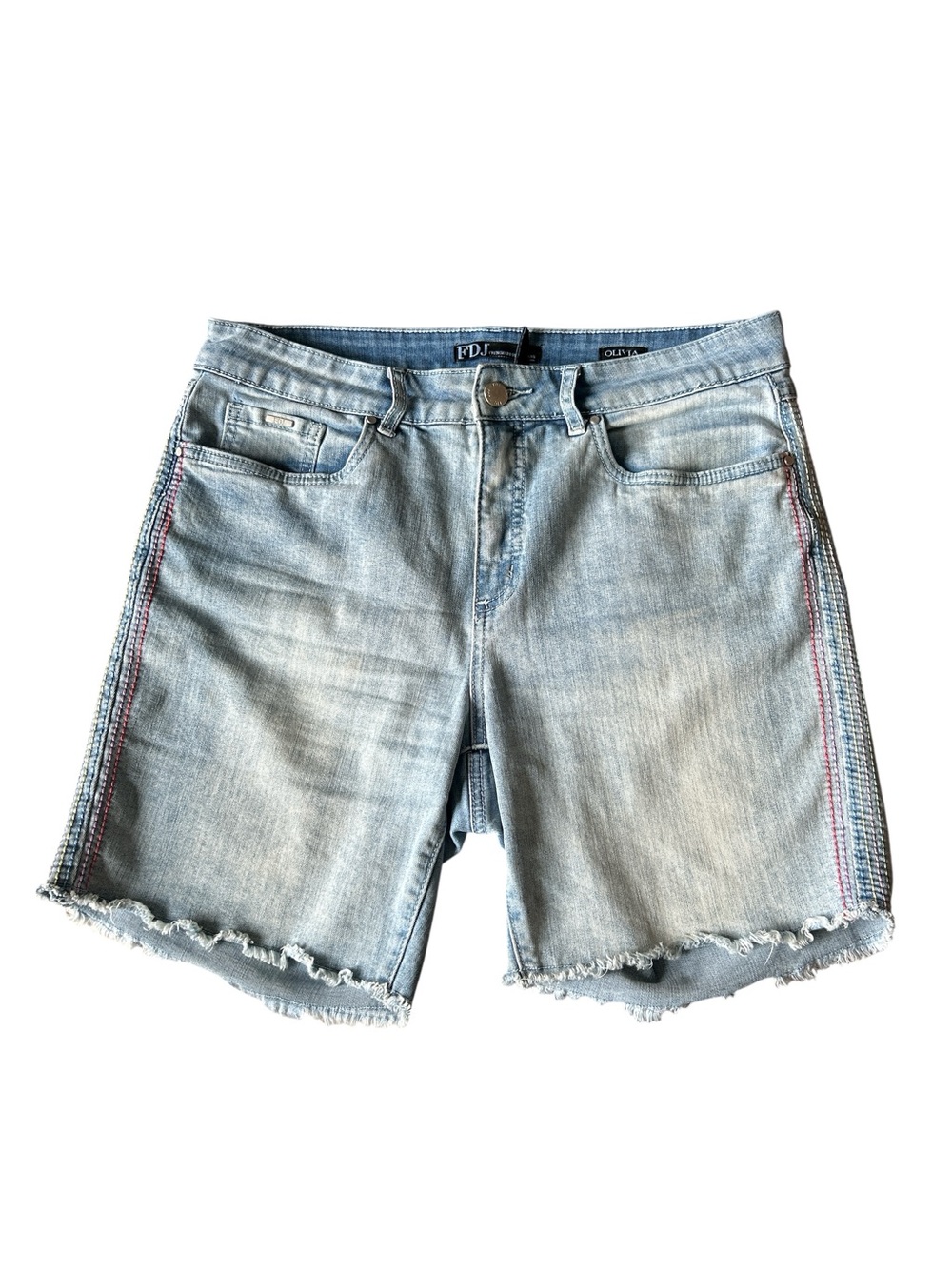 FDJ Olivia Light Blue Frayed Hem Denim Shorts with Side Trim